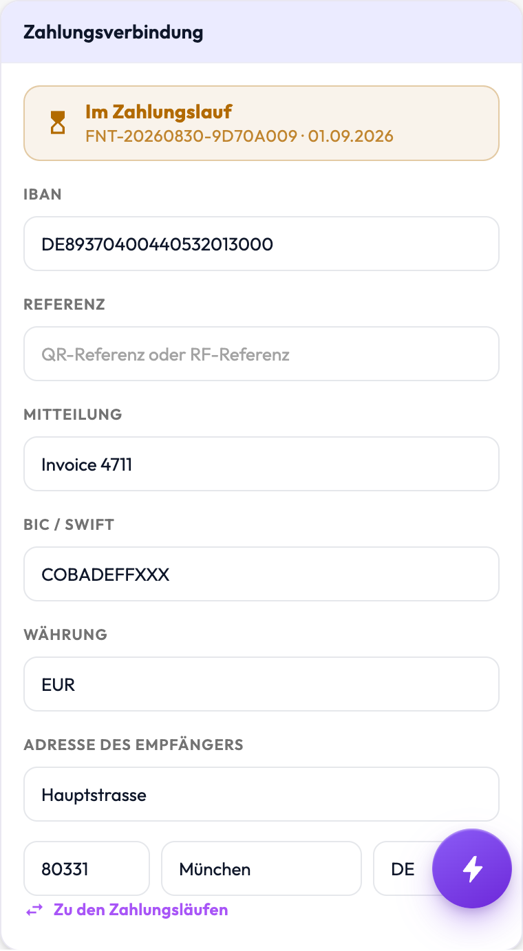 Karte Zahlungsverbindung im Ausgaben-Editor mit IBAN, Referenz und Adresse des Empfängers