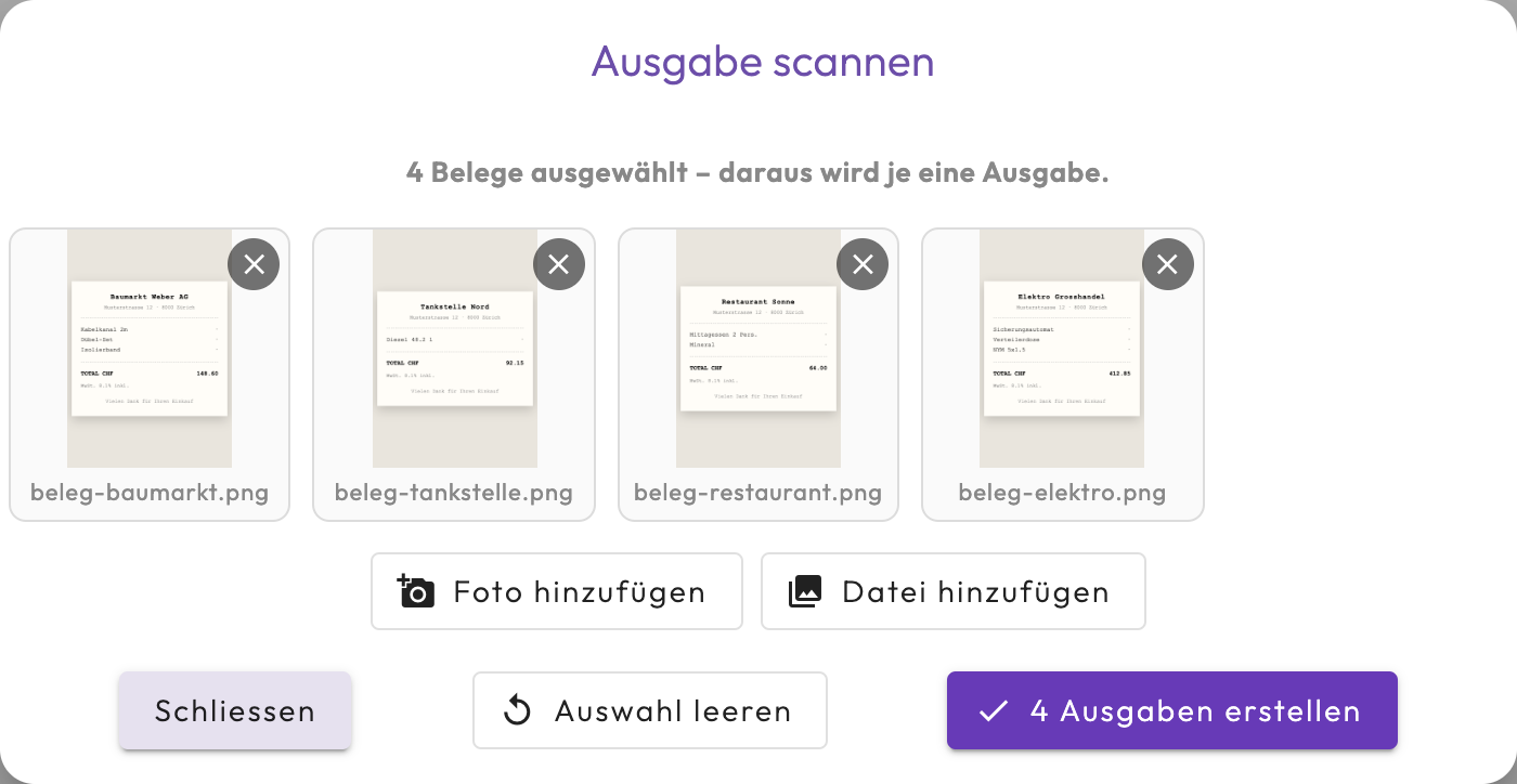 Scan-Dialog mit vier ausgewählten Belegen als Vorschaubilder