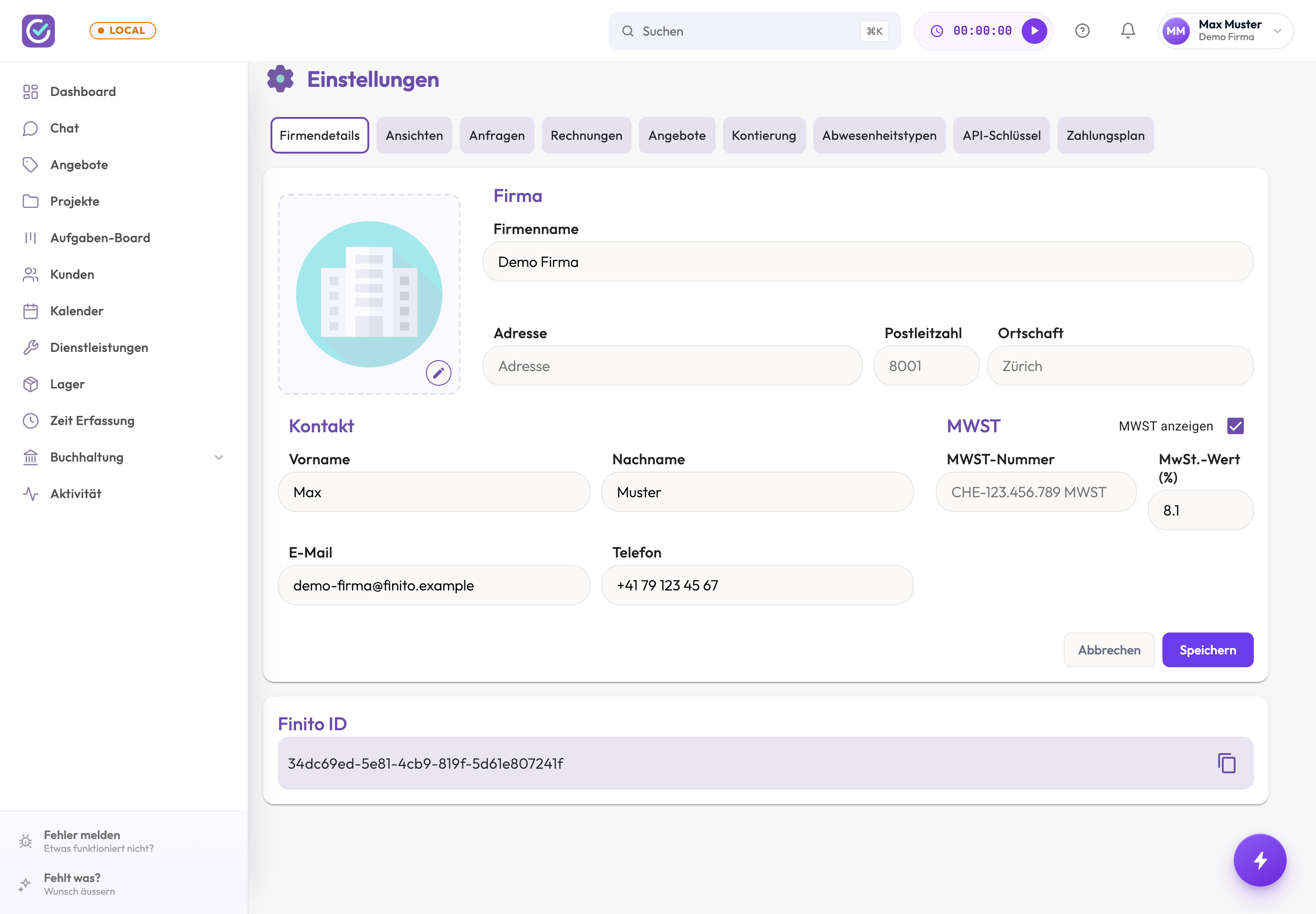 Finito-Einstellungen, Reiter Firmendetails: Firmenname, Adresse, Kontaktangaben und MWST-Einstellungen für die Organisation «Demo Firma».