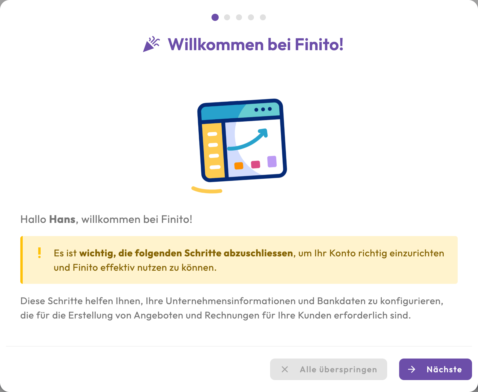 Willkommens-Assistent von Finito: Begrüssungsschritt mit Fortschrittspunkten, Hinweis zum Abschliessen der Einrichtung sowie den Schaltflächen «Alle überspringen» und «Nächste».