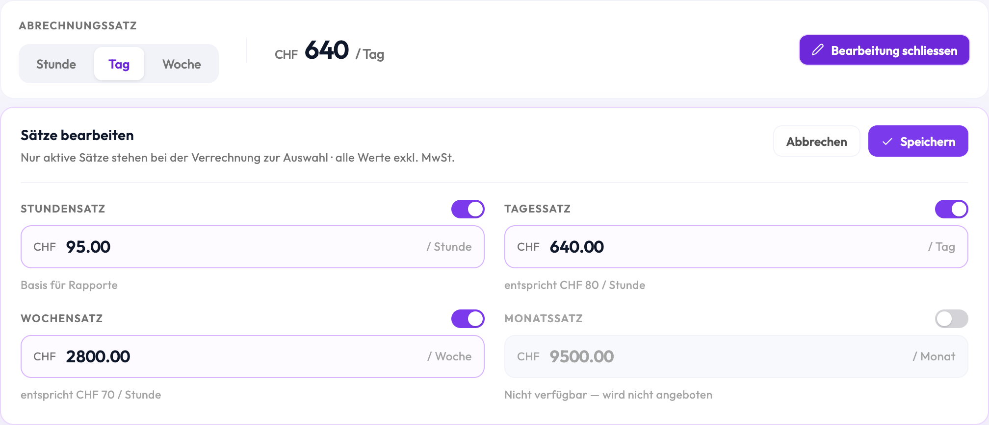 Abrechnungssatz-Karte in Finito mit den Umschaltern Stunde, Tag und Woche und dem geöffneten Editor «Sätze bearbeiten»: Stundensatz CHF 95.00, Tagessatz CHF 640.00, Wochensatz CHF 2800.00 – jeweils mit Schieber – und der ausgeschaltete Monatssatz CHF 9500.00 mit dem Hinweis «Nicht verfügbar — wird nicht angeboten».
