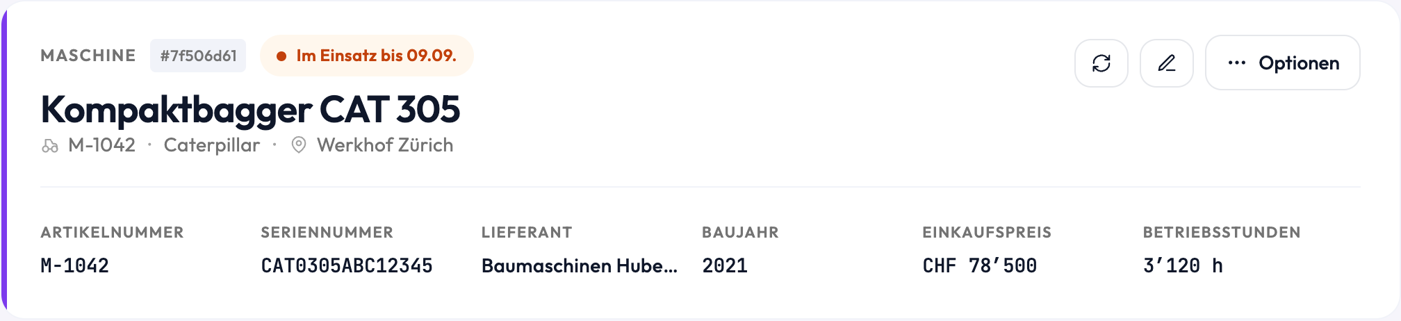 Kopfkarte der Maschinendetails in Finito: Bezeichnung «Kompaktbagger CAT 305», Status «Im Einsatz bis 09.09.», darunter Artikelnummer, Seriennummer, Lieferant, Baujahr, Einkaufspreis und Betriebsstunden sowie die Schaltflächen Aktualisieren, Bearbeiten und Optionen.