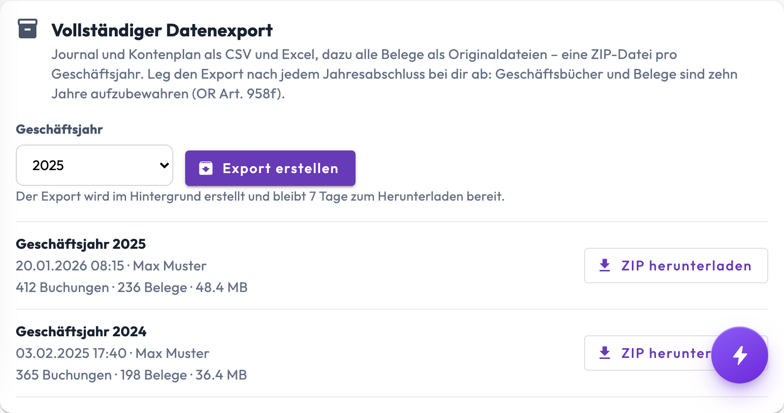 Geschäftsjahre in Finito Pro mit Abschluss und Datenexport als ZIP