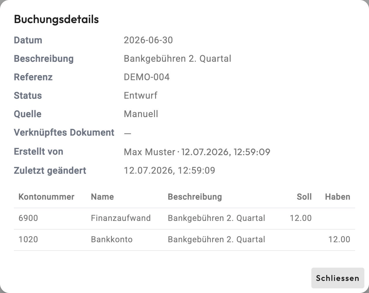 Detailfenster einer Buchung mit Herkunft, Ersteller und Buchungszeilen