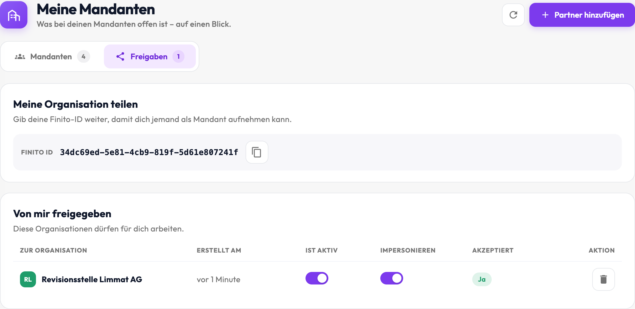 Register «Freigaben» mit der eigenen Finito-ID zum Kopieren und der Tabelle «Von mir freigegeben» mit den Schaltern «Ist aktiv» und «Impersonieren».