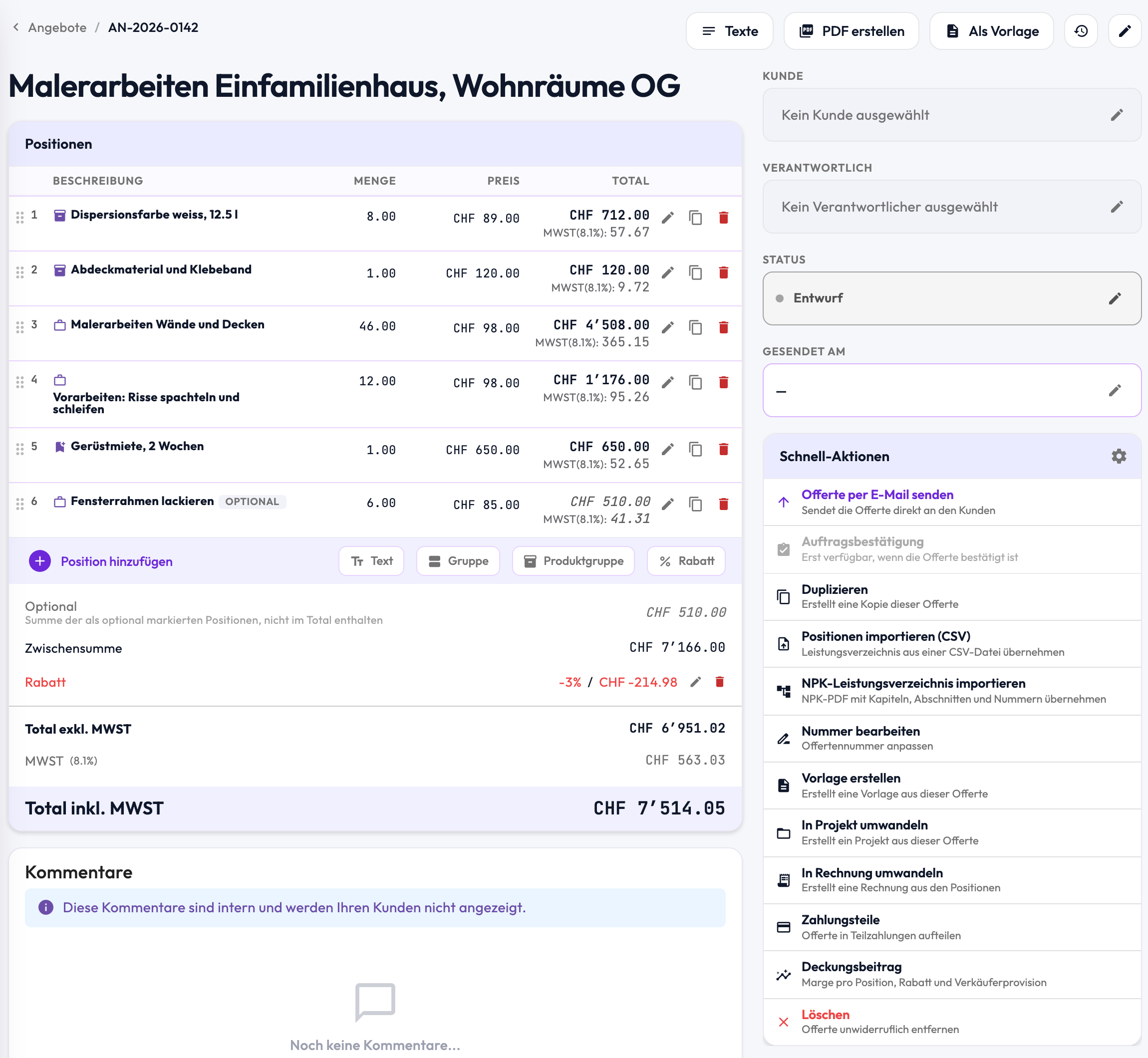 Offerte «Malerarbeiten Einfamilienhaus, Wohnräume OG» mit sechs Positionen, 3 % Rabatt und Total exkl. MWST CHF 6'951.02; rechts die Schnell-Aktionen mit dem Eintrag «Deckungsbeitrag – Marge pro Position, Rabatt und Verkäuferprovision».