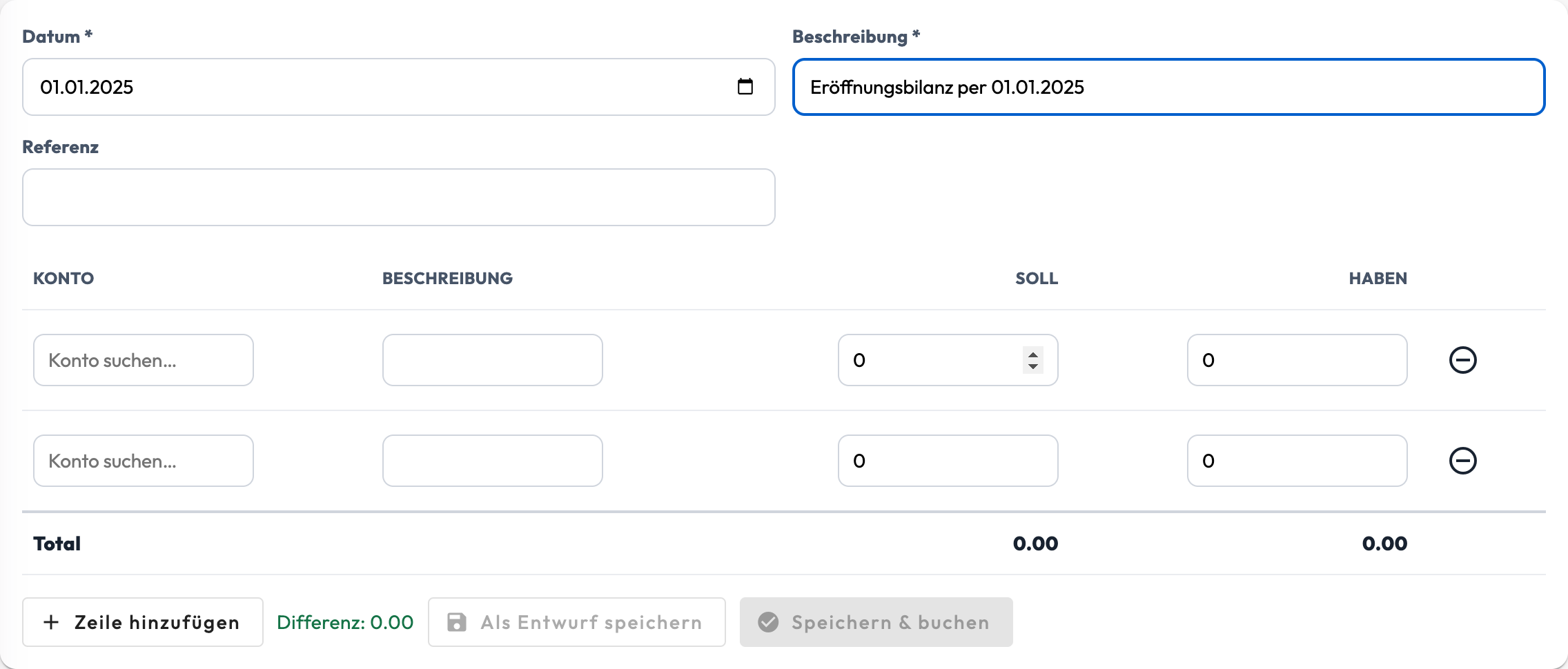 Manueller Buchungssatz in Finito zur Erfassung der Eröffnungsbilanz: Datum 01.01.2025, Beschreibung «Eröffnungsbilanz», Zeilen mit Konto, Soll und Haben sowie ausgeglichenem Total
