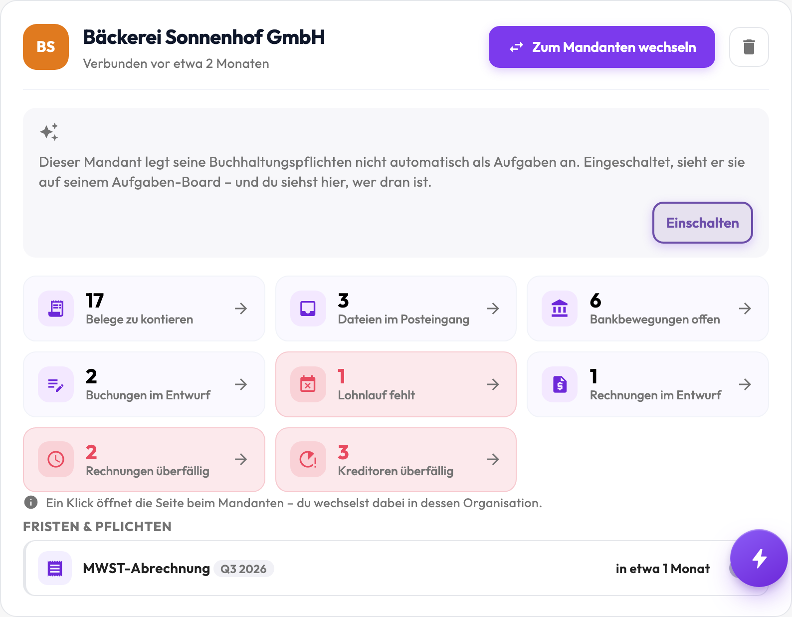 Cockpit Meine Mandanten: beim ausgewählten Mandanten die Kachel «Dateien im Posteingang» mit der Zahl 3 neben Belegen zu kontieren und Bankbewegungen.