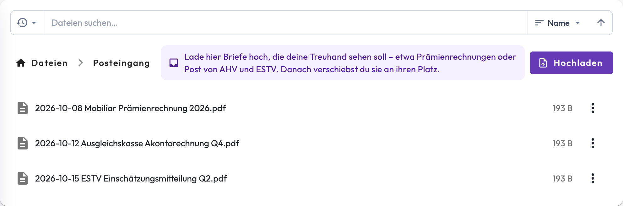 Geöffneter Posteingang mit dem Hinweis, wofür er da ist, der Schaltfläche Hochladen und drei Briefen: Prämienrechnung, Akontorechnung AHV und Einschätzungsmitteilung der ESTV.