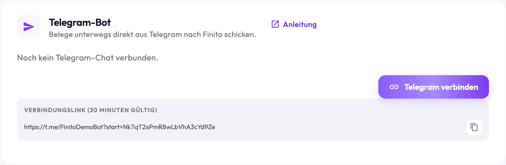 Der Bereich Telegram im Finito-Profil: Titel «Telegram-Bot», Hinweis «Belege unterwegs direkt aus Telegram nach Finito schicken», die Schaltfläche «Telegram verbinden» und darunter der erzeugte Verbindungslink mit dem Vermerk «30 Minuten gültig» und einem Knopf zum Kopieren.