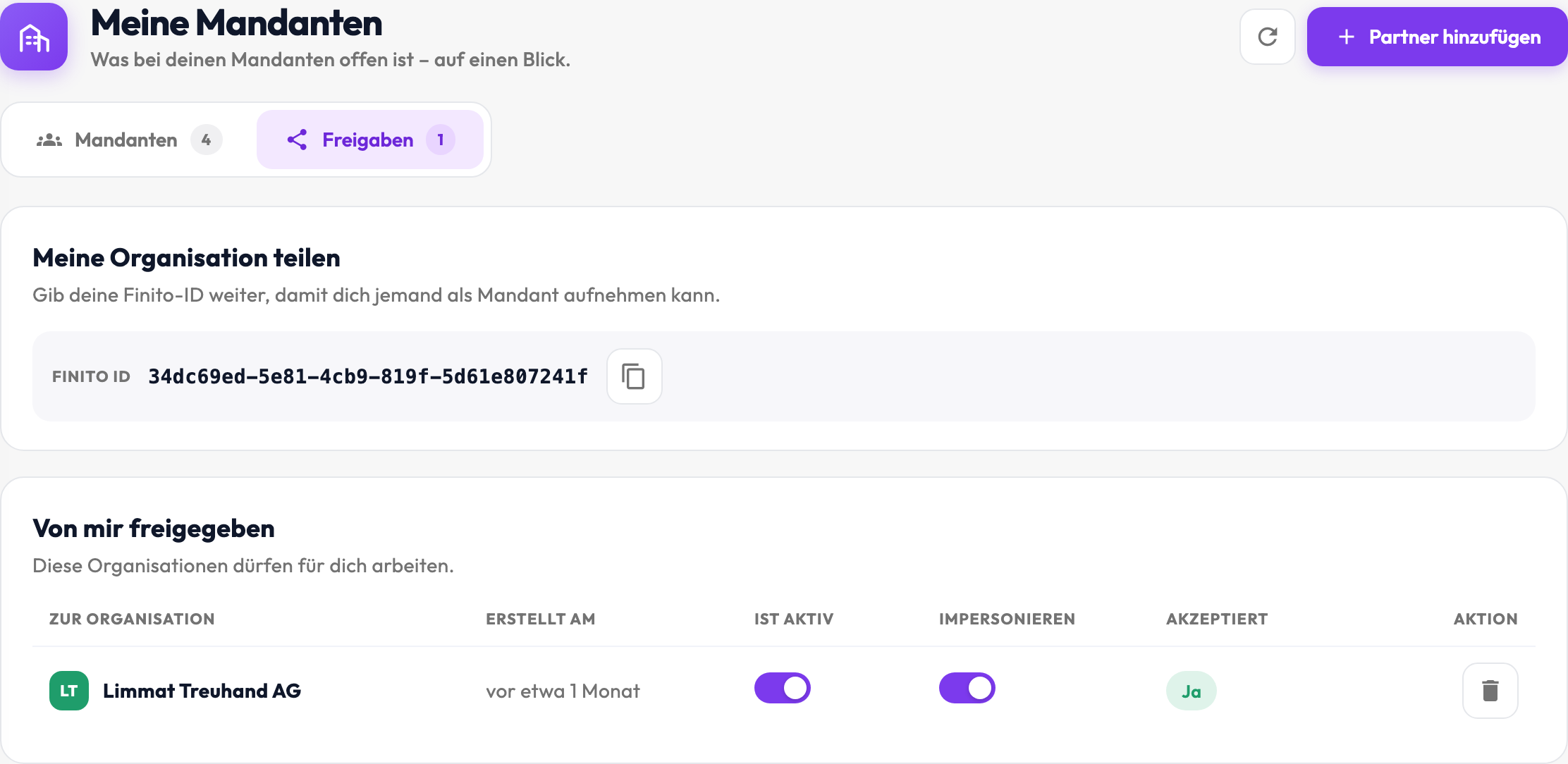 Register «Freigaben» der Firma: oben die eigene Finito-ID mit Kopier-Symbol, darunter die Tabelle «Von mir freigegeben» mit der Limmat Treuhand AG, den eingeschalteten Schaltern «Ist aktiv» und «Impersonieren» und dem Status «Akzeptiert: Ja».