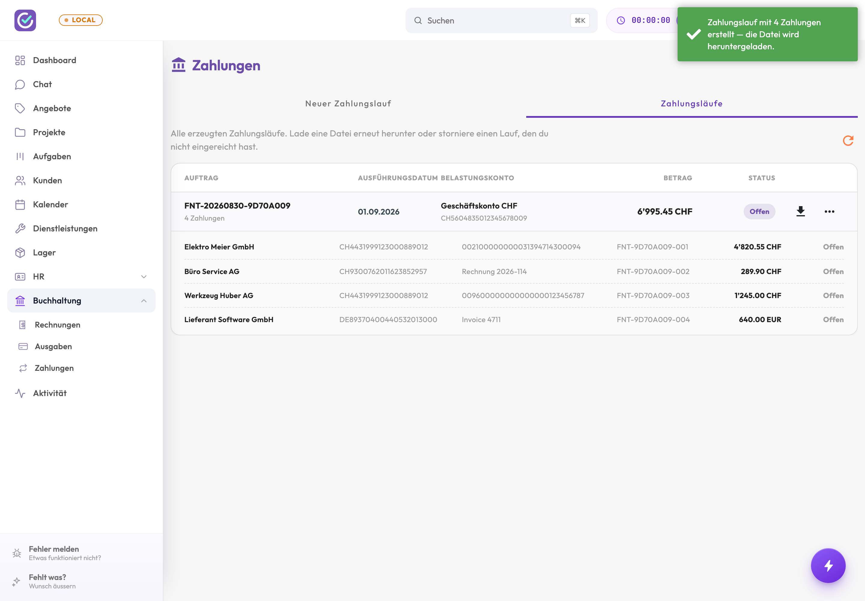 Liste der erzeugten Zahlungsläufe mit aufgeklapptem Lauf und seinen einzelnen Zahlungen